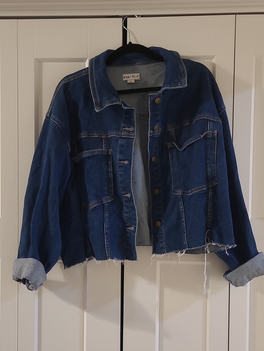 Ava & Viv Dark Blue Cropped Distressed Denim Jacket